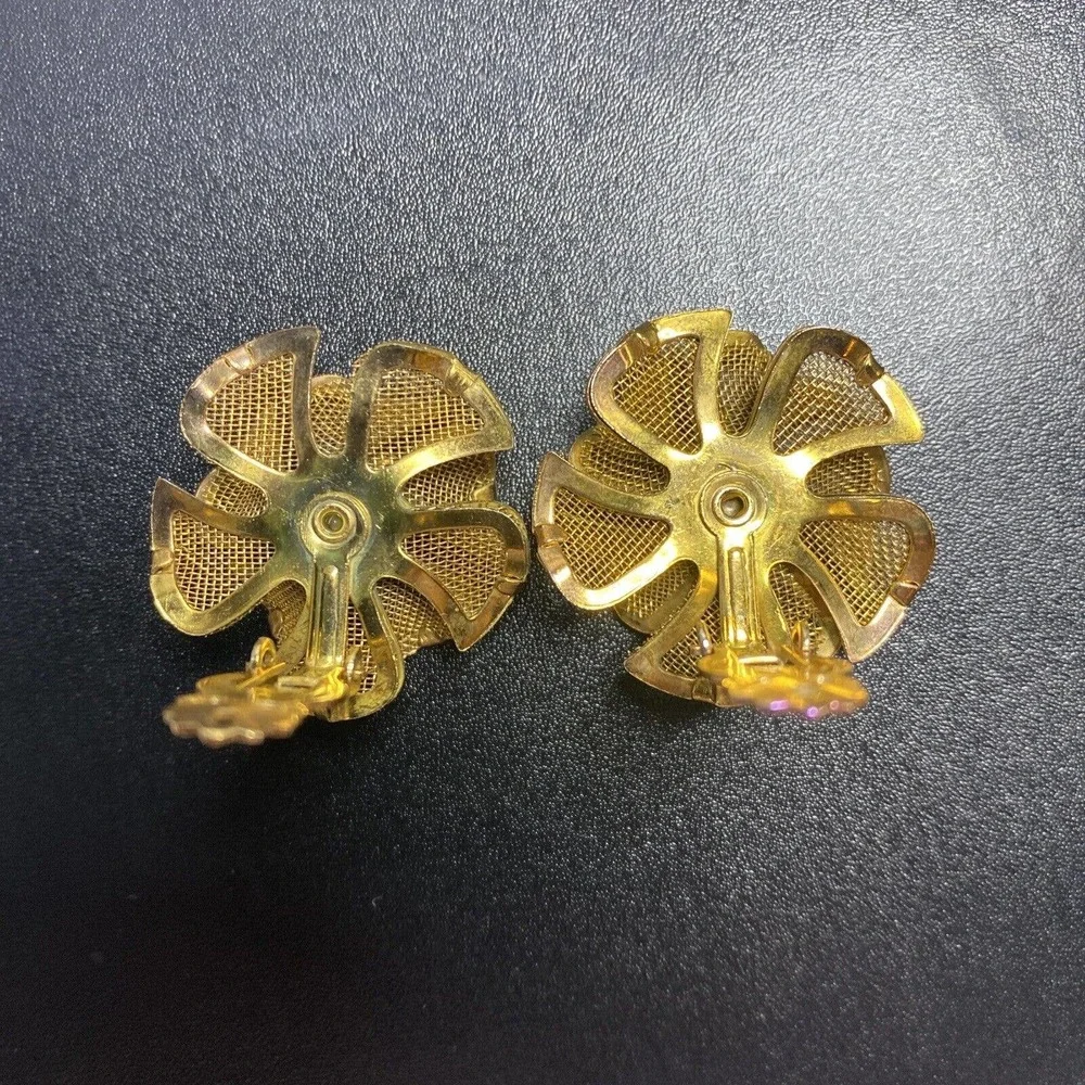 VTG Mesh Floral Clip Earrings Signed BED 1960s Aurora Borealis Rhinestone Center
